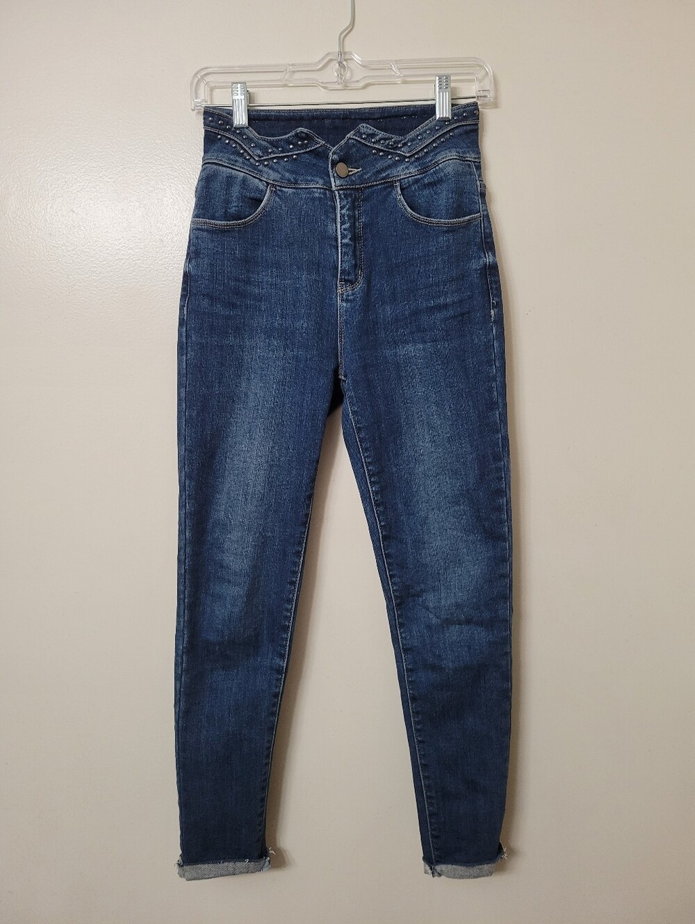 High Rise Dark Wash Studded Waist Skinny Jeans